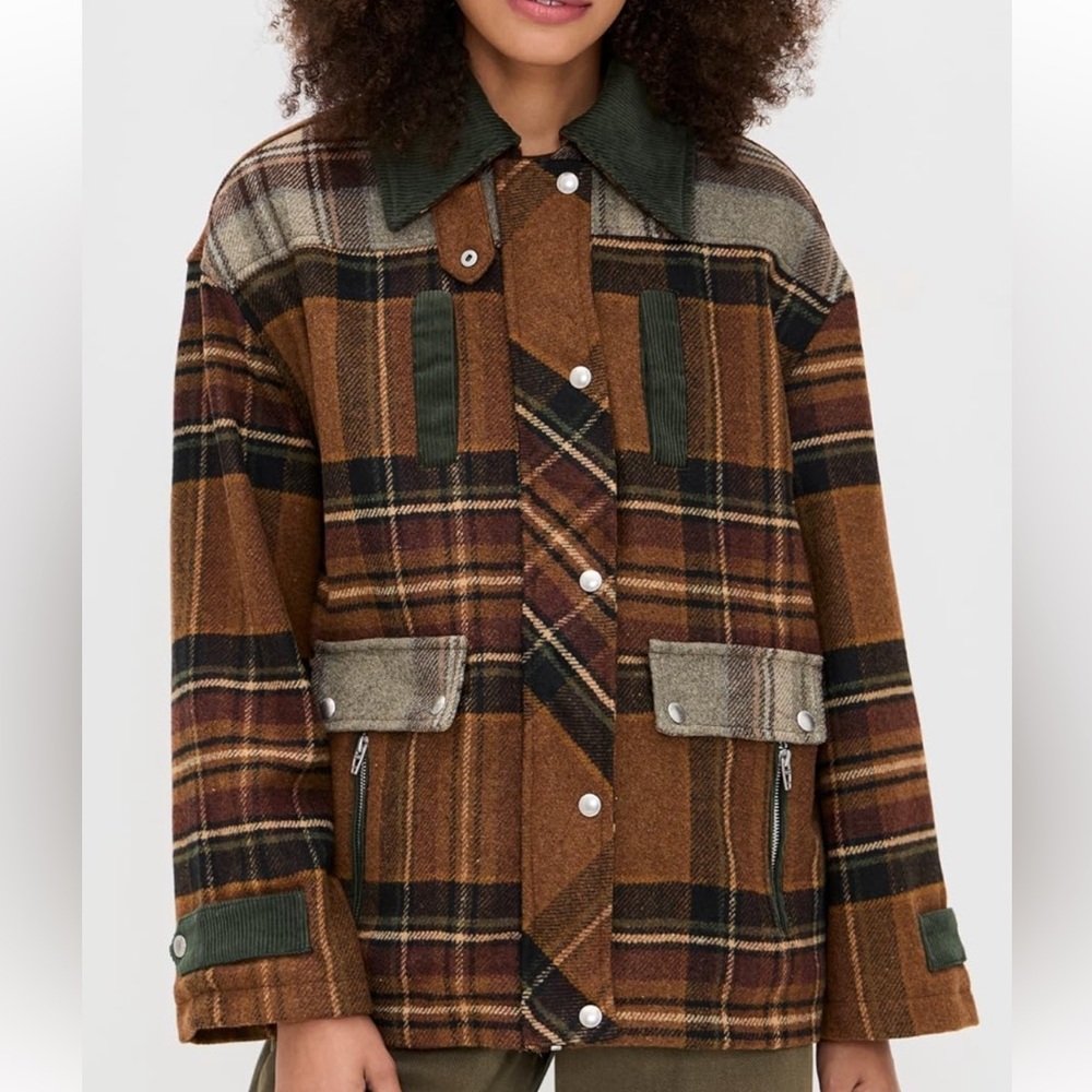BLANK NYC Situationship Plaid Brown Green Field Jacket for Women